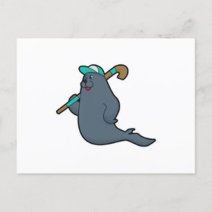 Seal at Hockey with Hockey stick Postcard