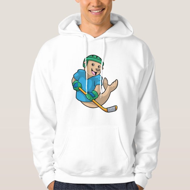 Seal at Ice hockey with Ice hockey stick Hoodie (Front)