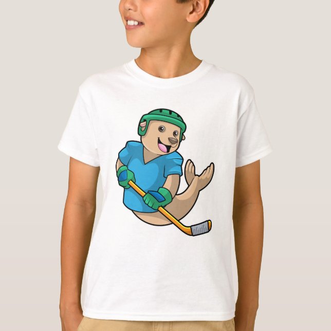 Seal at Ice hockey with Ice hockey stick T-Shirt (Front)