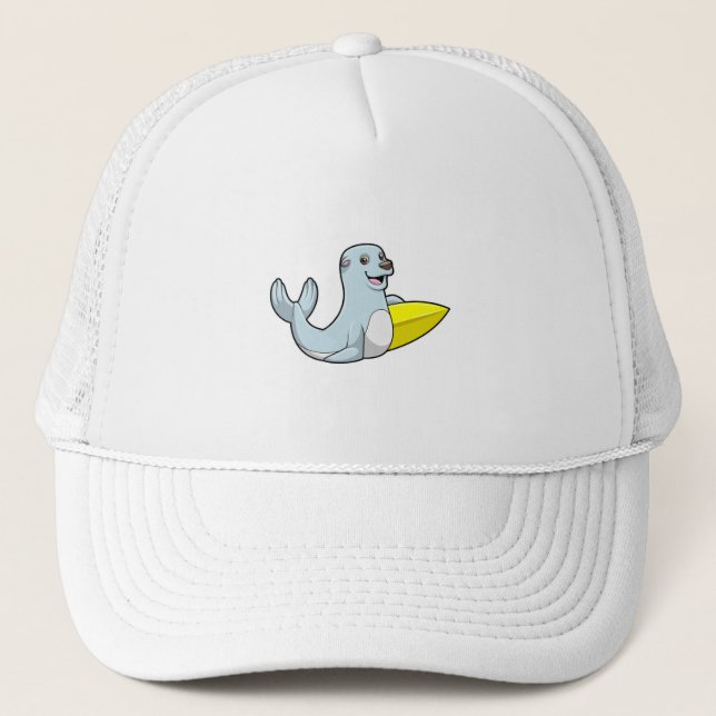 Seal at Surfing with Surfboard Trucker Hat (Front)