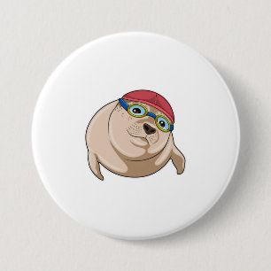 Seal at Swimming with Swimming goggles 7.5 Cm Round Badge