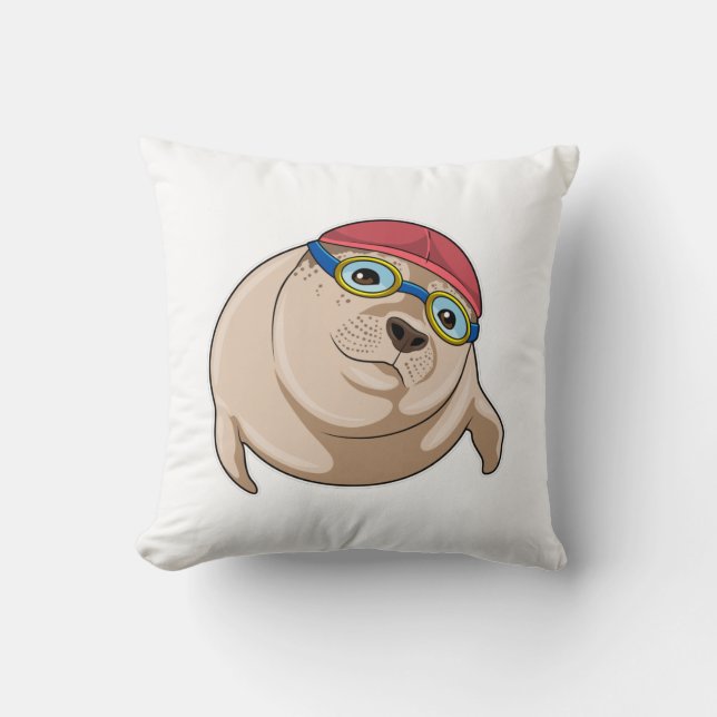 Seal at Swimming with Swimming goggles Cushion (Front)