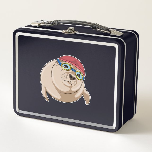 Seal at Swimming with Swimming goggles Metal Lunch Box (Front)