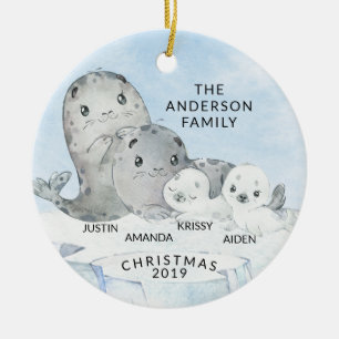 Seal Family Family of 4 Christmas Ceramic Ornament