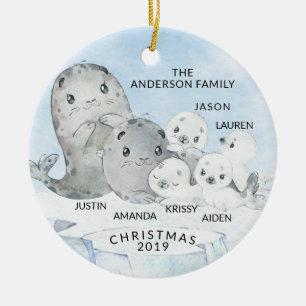 Seal Family Family of 6 Christmas Ceramic Ornament