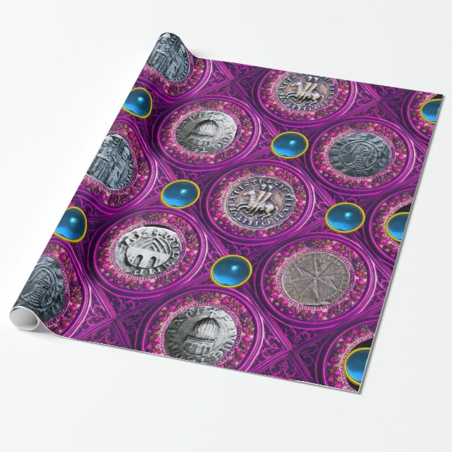 SEAL OF THE KNIGHTS TEMPLAR Purple Blue Gems Wrapping Paper (Unrolled)
