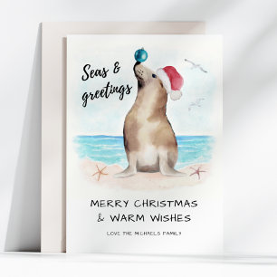 Seal Santa Seas & Greetings Coastal Christmas Holiday Card