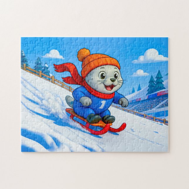 Seal Sledding Down a Snowy Mountain Hill Jigsaw Puzzle (Horizontal)