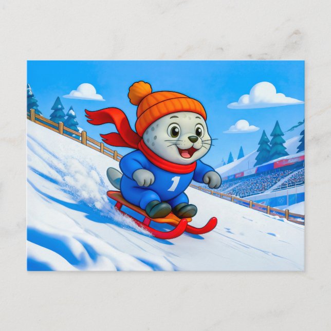 Seal Sledding Down a Snowy Mountain Hill Postcard (Front)
