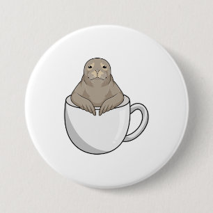 Seal with Coffee cup 7.5 Cm Round Badge