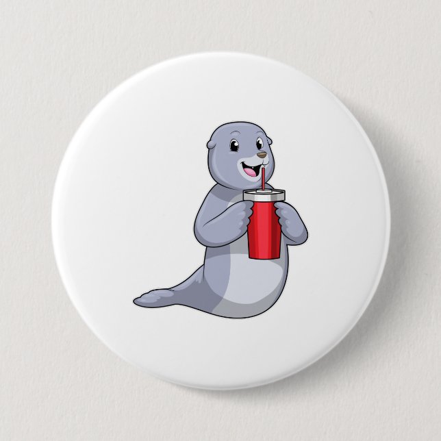 Seal with Drinking cup 7.5 Cm Round Badge (Front)