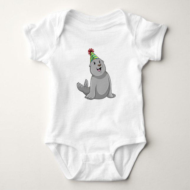 Seal with Party hat Party Baby Bodysuit (Front)