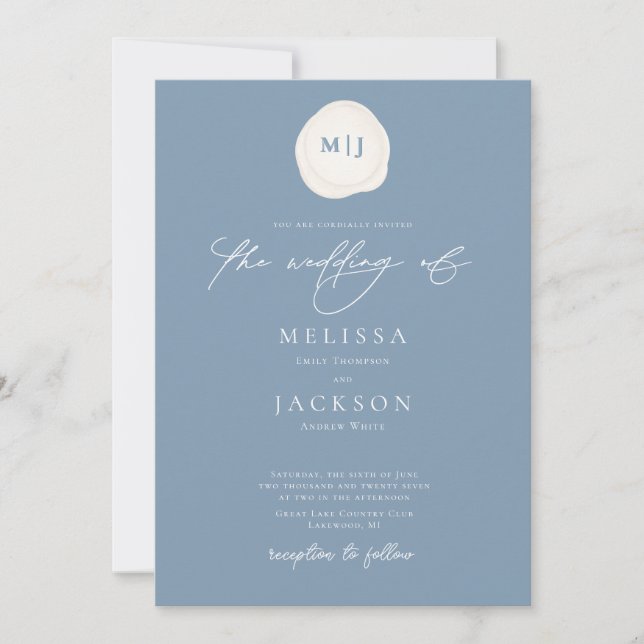 Sealed Initials Minimalist Blue Wedding Invitation (Front)