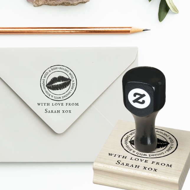 Sealed with a Kiss Lip Print Custom Rubber Stamp (Just add your name to this cute Sealed with a kiss rubber stamp)