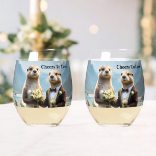 **"Sealed with a Kiss: Otterly in Love"** Stemless Wine Glass