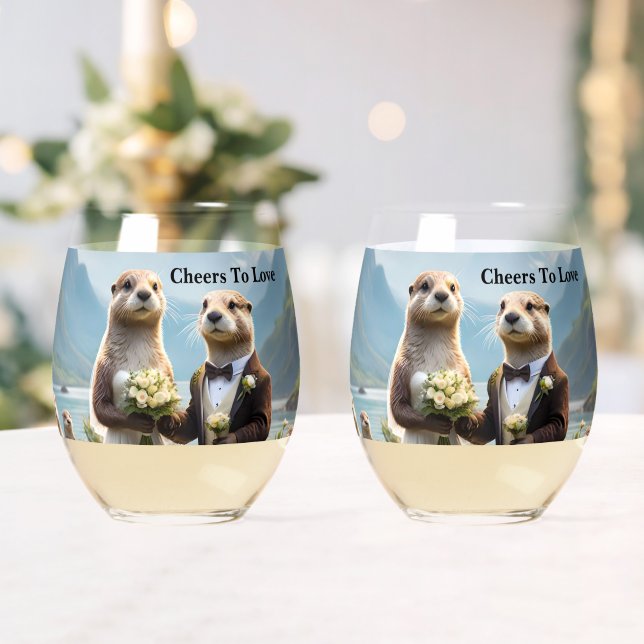 **"Sealed with a Kiss: Otterly in Love"** Stemless Wine Glass (Insitu (Wedding))