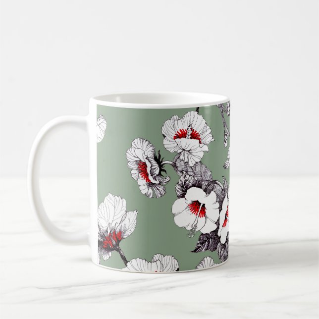 Sealess white-red flowers: green decor coffee mug (Left)