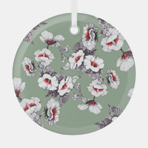 Sealess white-red flowers: green decor glass tree decoration