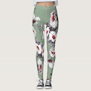 Sealess white-red flowers: green decor leggings