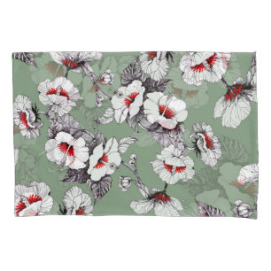 Sealess white-red flowers: green decor pillowcase