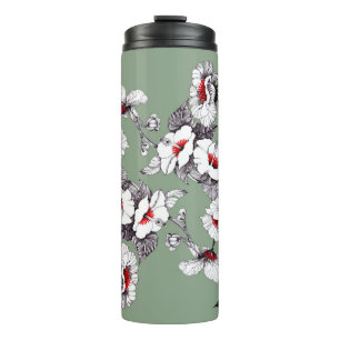 Sealess white-red flowers: green decor thermal tumbler