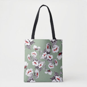 Sealess white-red flowers: green decor tote bag