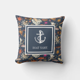 Sealife Navy Blue Nautical Anchor Boat Name Cushion