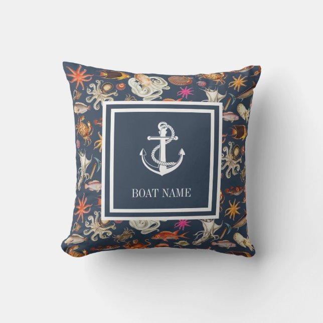 Sealife Navy Blue Nautical Anchor Boat Name Cushion (Front)