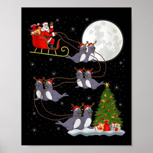 Seals Santa Sleigh Flying Funny Magical Christmas Poster