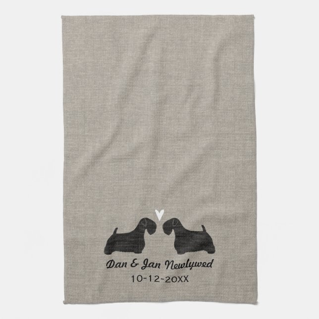 Sealyham Terrier Silhouettes with Heart and Text Tea Towel (Vertical)