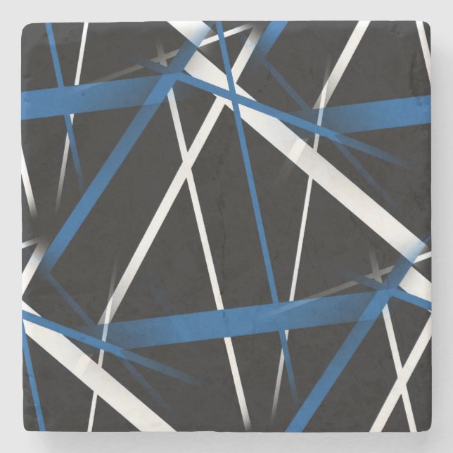 Seamless Abstract  Blue and White Lines On Black B Stone Coaster (Front)