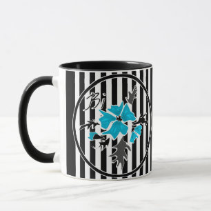 Seamless abstract blue flowers floral white black mug