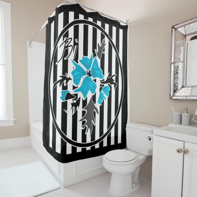 Seamless abstract blue flowers floral white black shower curtain (In Situ)