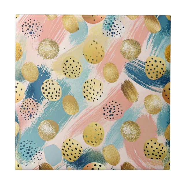 Seamless Abstract Brushstroke & Gold Shape Pattern Ceramic Tile (Front)