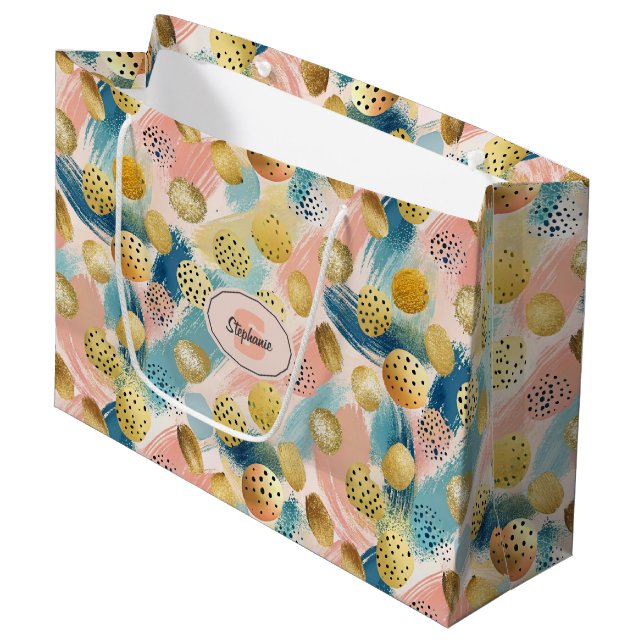 Seamless Abstract Brushstroke & Gold Shape Pattern Large Gift Bag (Front Angled)