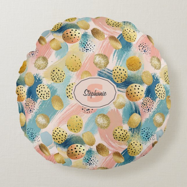Seamless Abstract Brushstroke & Gold Shape Pattern Round Cushion (Front)