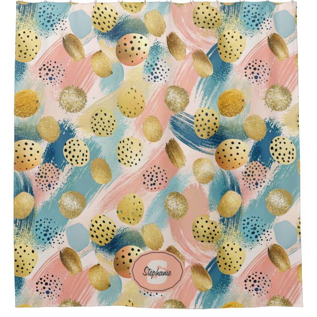 Seamless Abstract Brushstroke & Gold Shape Pattern Shower Curtain (Front)