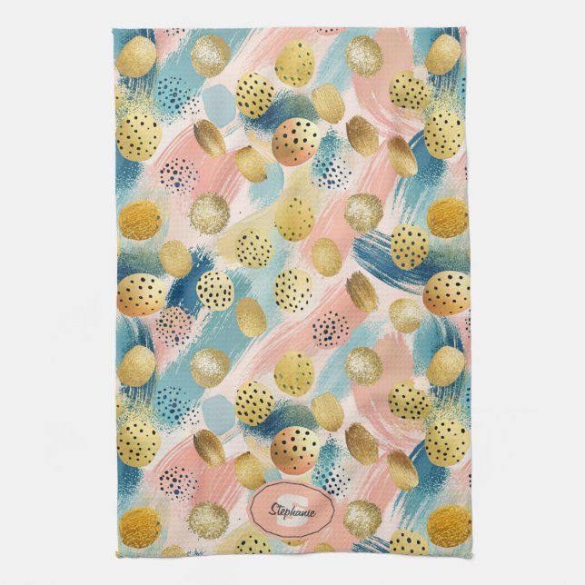 Seamless Abstract Brushstroke & Gold Shape Pattern Tea Towel (Vertical)