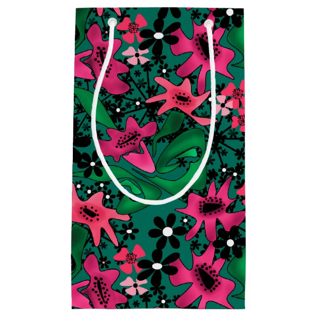 Seamless abstract cartoon cute flowers floral gree small gift bag (Front)