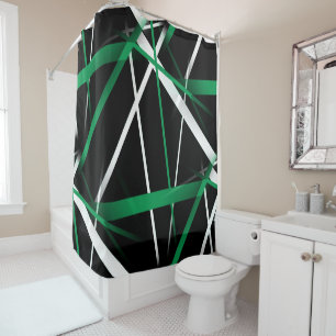 Seamless Abstract Green and White Lines On Black Shower Curtain