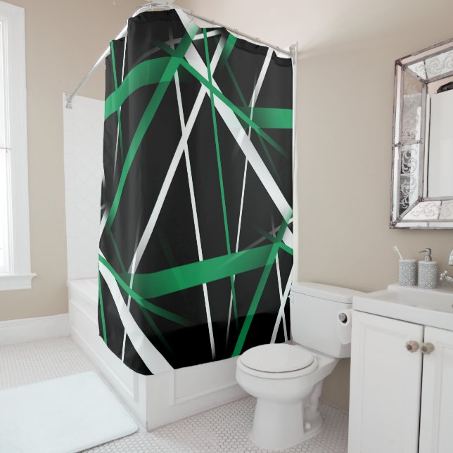 Seamless Abstract Green and White Lines On Black Shower Curtain (In Situ)