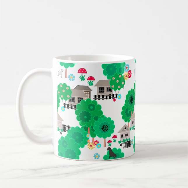 Seamless abstract kids cartoon houses dogs trees g coffee mug (Left)