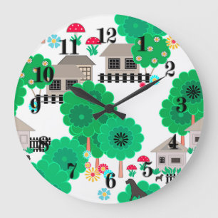 Seamless abstract kids cartoon houses dogs trees g large clock