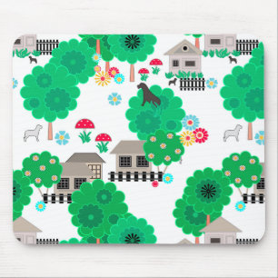 Seamless abstract kids cartoon houses dogs trees g mouse pad