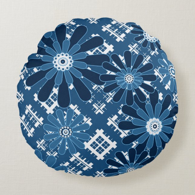 Seamless abstract modern chequered plaid floral bl round cushion (Front)