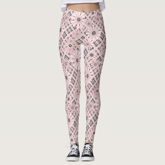 Seamless abstract modern chequered plaid floral pi leggings (Front)