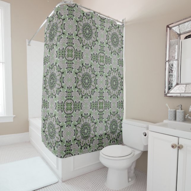 Seamless abstract ornamental grey green black deco shower curtain (In Situ)