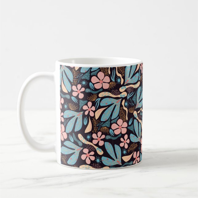 Seamless abstract pattern, floral motif, dark back coffee mug (Left)