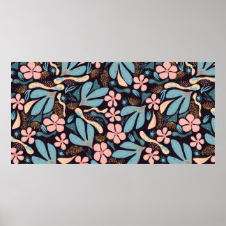 Seamless abstract pattern, floral motif, dark back poster