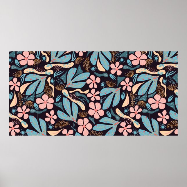 Seamless abstract pattern, floral motif, dark back poster (Front)